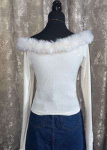 Cream Faux Fur Trim Ribbed Top