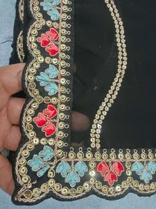 Elegant Black Saree with Sequins &amp; Embroidery
