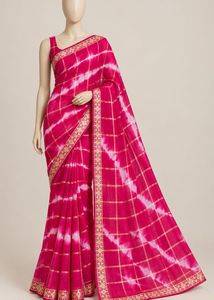 Cheques Pink Saree with Tie-Dye Checkered Pattern