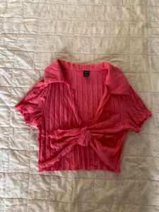 Ribbed Pink Tie-Front Cardigan