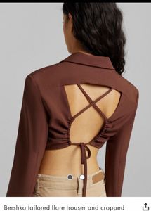 Bershka Brown Cropped Blazer with Back Cutout