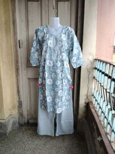 Blue Floral Kurta Set with Palazzo Pants