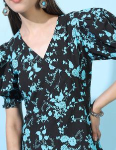 Floral Print V-Neck Puff Sleeve Dress