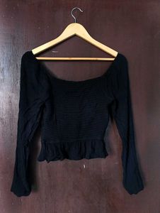 Black Smocked Long Sleeve Top
