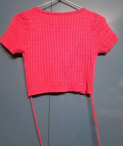 Rose Pink Cable Knit Cropped Top Tee with Strings