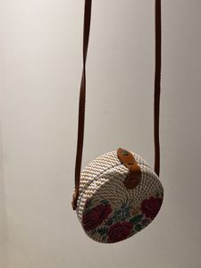 Round Woven Crossbody Bag with Floral Embroidery