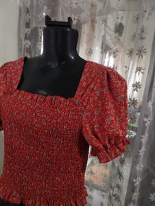Red Floral Smocked Square Neck Top