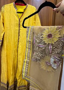 Yellow Embroidered Kurta Set with Designer Dupatta