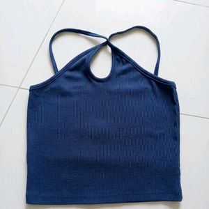 Navy Blue Ribbed Halter Crop Top