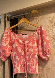 Pink Floral Smocked Tie-Up Crop Top
