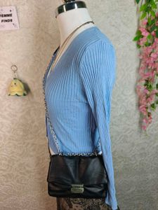 Y2K Cute Blue Ribbed Button-Up Cardigan