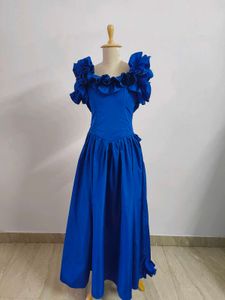 Royal Blue Vintage Ruffled Gown With Bow SnOn Back
