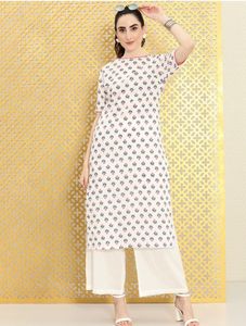 Women White Floral Printed Pure Cotton Kurta And Palazzo