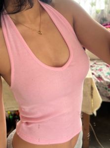 Pink Ribbed Halter Neck Crop Top