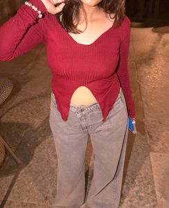 Maroon Ribbed Cut-Out Top | Trendy &amp; Stylish
