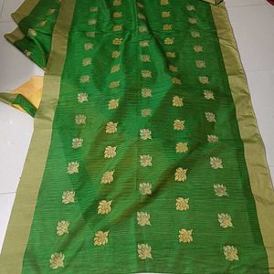 Green Cotton Silk Blend Zari Saree (with flaw)