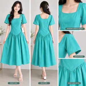 Chic Teal Square Neck Midi Dress