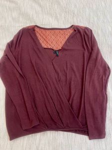 Burgundy V-Neck Wrap Top with Lace Detail