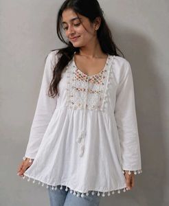 Embroidered White Cotton Tunic Top