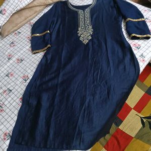 Navy Blue Kurti Set with Golden Embroidery