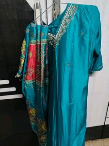 Teal Kurta Set with Embellished Neckline