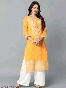 Yellow Chikan Embroidered Kurta