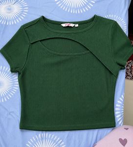 Trendy Green Ribbed Cutout Crop Top