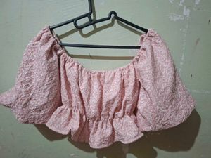 Cute Pink Textured Puff Sleeve Crop Top