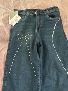 Embellished Wide Leg Denim Jeans