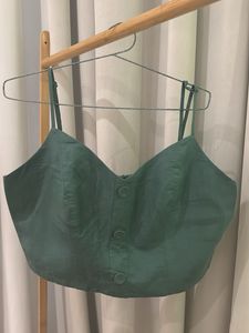 Green Button-Up Linen Crop Top