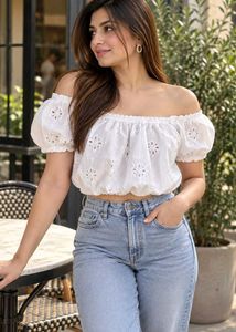 Chic White Off-Shoulder Eyelet Crop Top