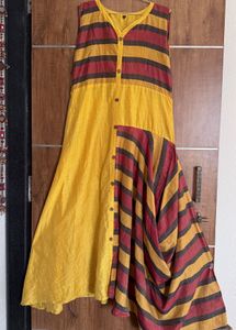 Yellow Kurta with Red &amp; Brown Stripes