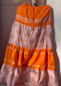 Waist tie Boho Tiered Maxi Skirt - Orange & Pink
