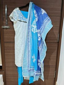Designer White and Blue Kurta Set