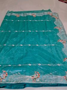 Stunning Teal Embroidered Peacock Saree