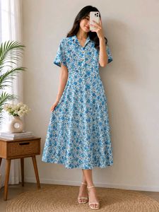 Blue Floral Print Midi Dress