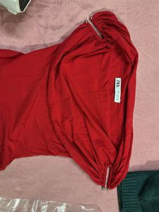 Zara Red Off-Shoulder Ruched Sleeve Top