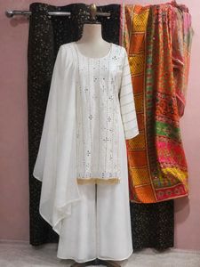 Elegant White Sequined Kurta Set with Dupatta