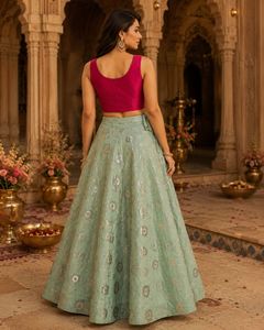 navratri green pink crop top skirt Set