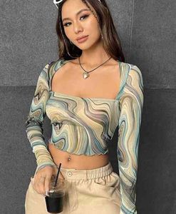 Marble Print Mesh Long Sleeve Crop Top