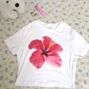 White T-Shirt with Pink Hibiscus Print