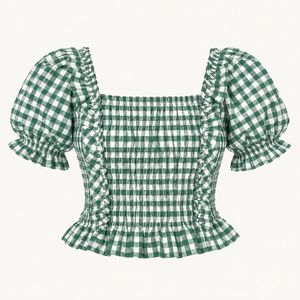 Chic Green Gingham Smocked Top
