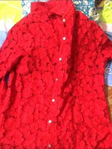 Red Lace Button-Down Shirt