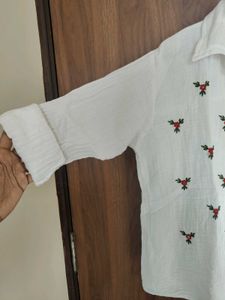 women Floral Embroidered White Shirt
