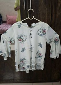 White Floral Print Bell Sleeve Top