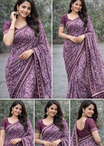 Elegant Purple Floral Print Saree