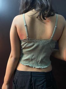 Ribbed Camisole Top with Lace Trim