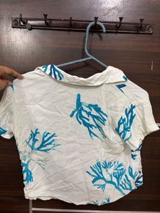 White Crop Top with Blue Coral Print