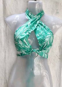 Green Leaf Print Halter Bikini Top