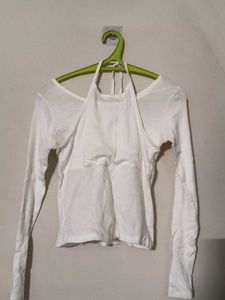 White ribbed Halter Neck string Top